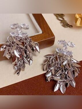 Macy's Silver Leaf Cluster Drop Earrings with Crystal Accents